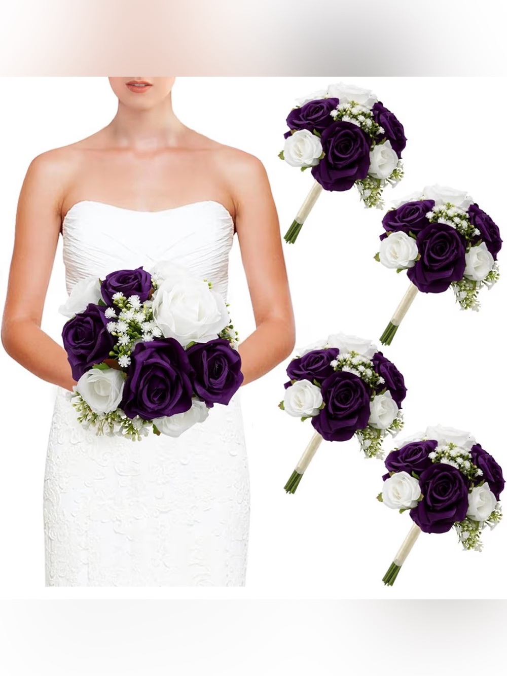 Wedding Bridesmaid Bouquets Set of 4, Artificial Silk Flowers Arrangement